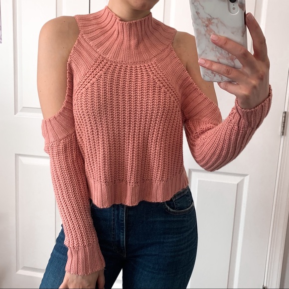 Luxxel Sweaters - Pink Cold Shoulder Sweater